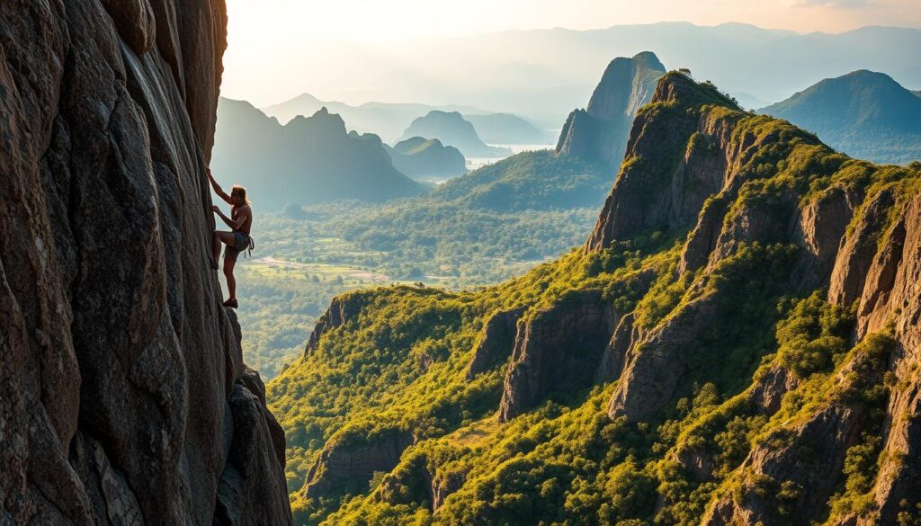 A breathtaking rock climbing scene set against a serene backdrop of lush greenery and towering cliffs. In the foreground, a skilled climber ascends a challenging route, their body in perfect harmony with the rock. Warm, natural lighting illuminates the scene, casting dramatic shadows and highlights. The middle ground features an expansive vista of rolling hills and distant peaks, creating a sense of grandeur and exploration. The background is layered with verdant forests and a hazy blue sky, infusing the image with a tranquil, rejuvenating atmosphere. This captivating scene exemplifies the positive impact of rock climbing on the physical and mental well-being of Indonesian athletes, inspiring awe and a desire to embrace the sport.