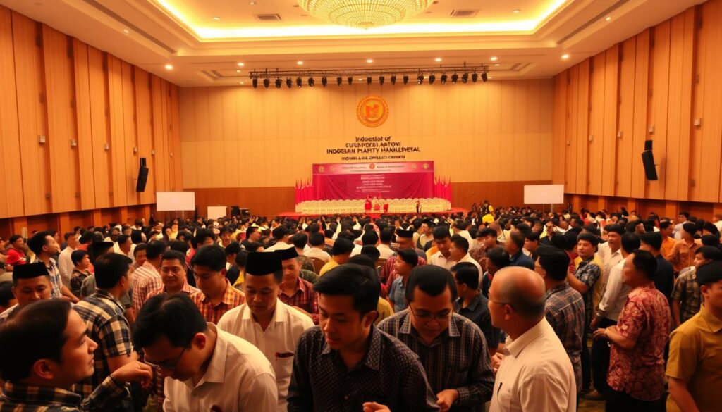 A bustling conference hall in Surakarta, Indonesia, where delegates of the Indonesian Solidarity Party (PSI) gather for their national congress. The spacious venue is bathed in warm, golden lighting, creating an atmosphere of anticipation and camaraderie. In the foreground, groups of party members engage in lively discussions, their expressions focused and determined. The middle ground features rows of chairs arranged neatly, awaiting the arrival of the attendees. In the background, the stage is set, adorned with the party's emblems and banners, signifying the importance of the event. The scene conveys a sense of preparation, as the party members ready themselves for the critical decisions that will shape the political landscape.