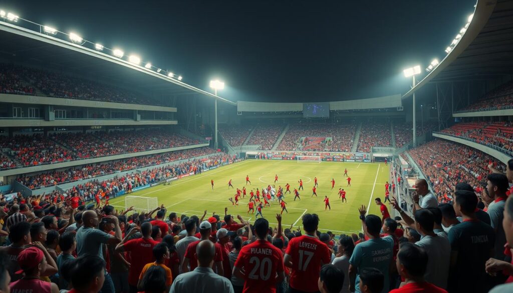 A bustling football stadium in the midst of a transformative era, with players in vibrant jerseys clashing on the pitch under the glow of floodlights. In the foreground, a crowd of passionate fans, their expressions and gestures conveying the intensity of the changes sweeping through the league. The middle ground features a mix of modern and aging infrastructure, reflecting the challenges faced by clubs navigating the transition. The background reveals a city skyline, hinting at the broader economic and social implications of the league's evolution. The overall scene evokes a sense of dynamism, uncertainty, and the high stakes involved in shaping the future of Indonesian football.