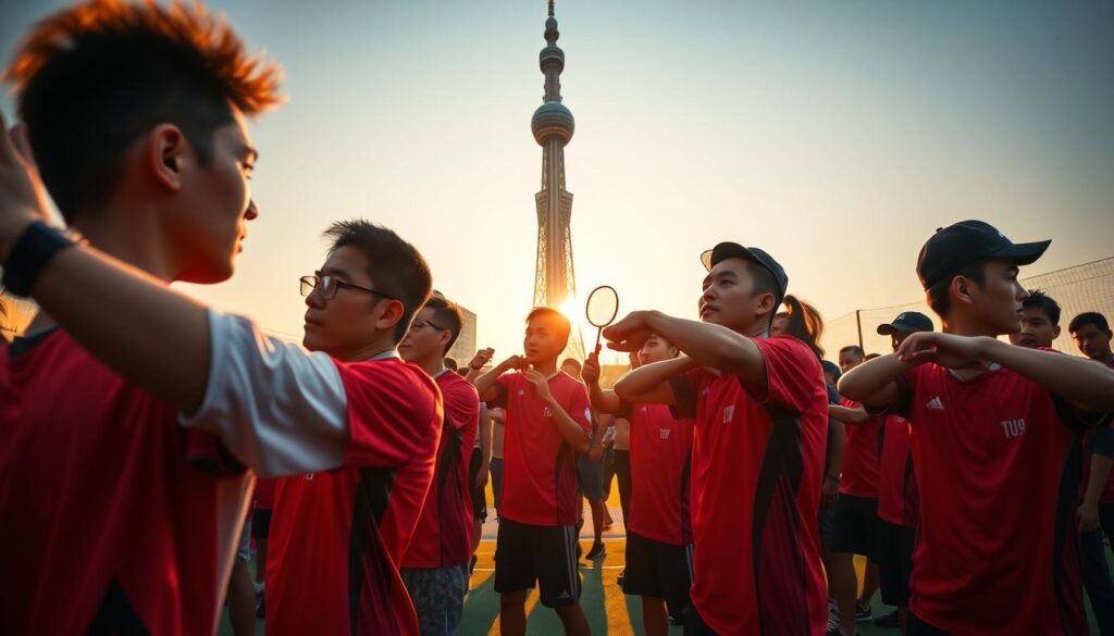 A bustling scene of Indonesian badminton players preparing for the Japan Open 2025 tournament. In the foreground, a group of athletes in vibrant team uniforms stretch and warm up, their faces determined yet focused. Behind them, coaches and support staff converse animatedly, coordinating the team's strategy. In the middle ground, the iconic Tokyo Skytree looms, its sleek, modern architecture providing a striking backdrop. The lighting is warm and golden, casting a glow over the entire scene, conveying a sense of anticipation and excitement. The angle is slightly elevated, giving a sense of observing the proceedings from above, adding to the feeling of a momentous event unfolding.