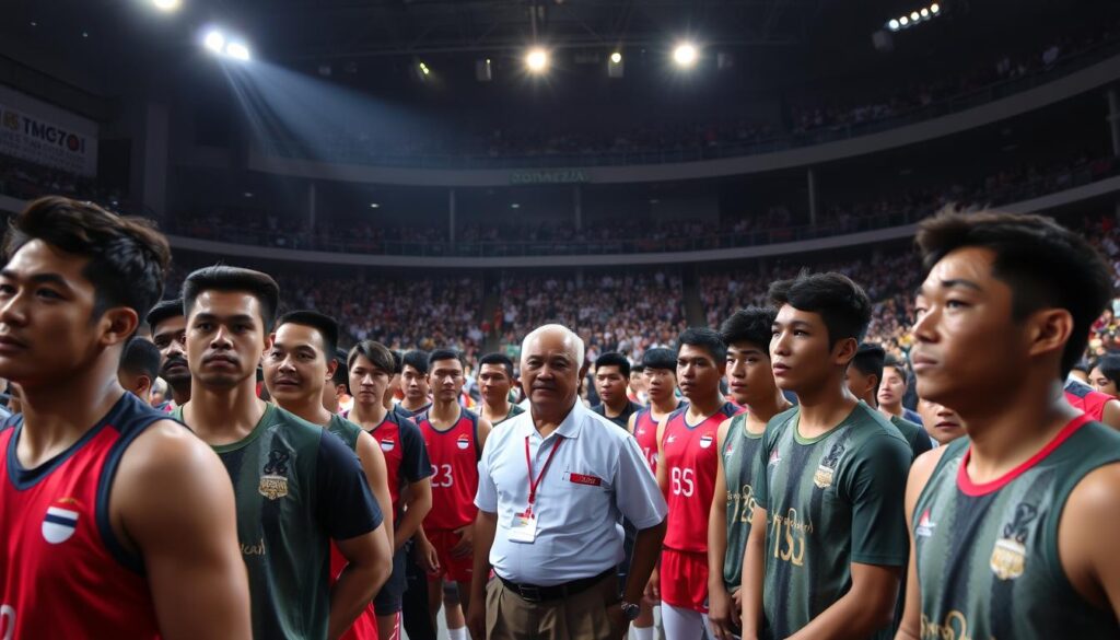 A bustling sports arena filled with athletes in vibrant uniforms, their faces determined as they compete in a selection event for the Indonesian national team. Bright stadium lights cast dramatic shadows, highlighting the muscular physiques and focused expressions of the competitors. In the middle ground, coaches and officials watch intently, evaluating the candidates. The background is a blur of spectators cheering passionately, the energy of the moment palpable. This image captures the intensity and pride of the Seleksi Nasional Atlet Indonesia, where Indonesia's top athletes vie for a coveted spot on the national team.