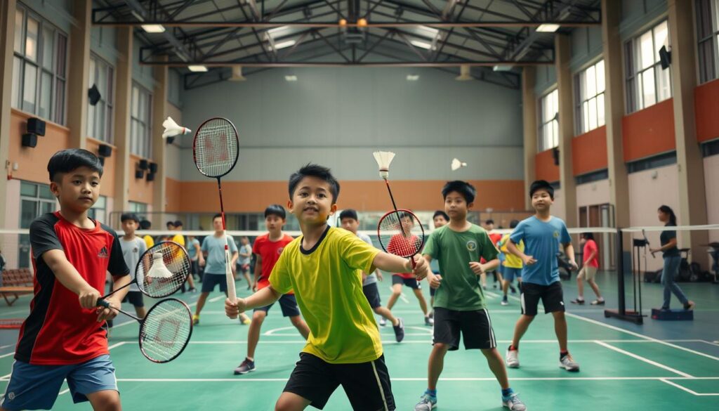 A bustling training hall, sunlight filtering through large windows, illuminating a group of young badminton players energetically practicing their strokes under the watchful eye of their coaches. Colorful uniforms, the thwack of shuttlecocks, and the determined expressions of the junior athletes create a dynamic, inspiring scene. In the background, state-of-the-art facilities and equipment suggest the dedication and resources invested in nurturing the next generation of Indonesian badminton champions. The composition evokes a sense of purpose, discipline, and the pride instilled by Budi Karya Sumadi and the Jaya Raya Foundation in cultivating the nation's rising badminton talent.