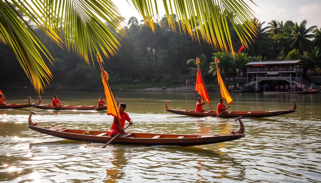 A ceremonial procession of traditional Malay canoes, known as "pacu jalur," glides across a tranquil river against the backdrop of a lush, verdant landscape. The sleek, wooden vessels are adorned with intricate carvings and vibrant sails, their skilled paddlers dressed in vibrant, cultural attire. Sunlight filters through the swaying palm fronds, casting a warm, golden glow over the scene, evoking a sense of timeless tradition and community. In the distance, spectators gather on the riverbanks, captivated by the rhythmic movements and the cultural significance of this age-old ritual. The overall atmosphere exudes a serene, reverent aura, conveying the deep-rooted heritage and the spiritual connection between the people, the land, and the waterways of Riau.