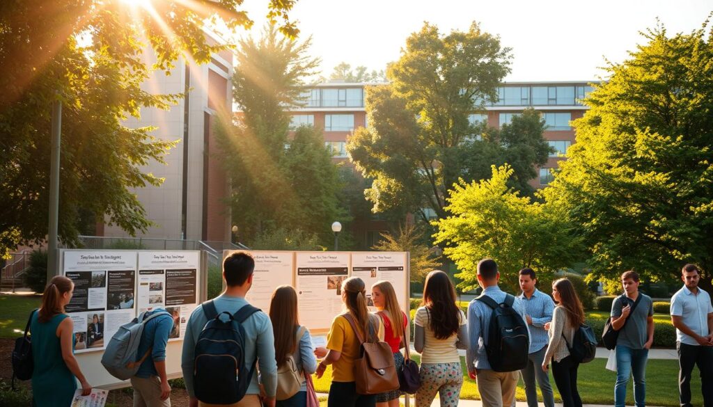 A college campus with lush greenery, modern buildings, and students gathered around, studying and conversing. The scene is bathed in warm, golden sunlight, creating a welcoming and aspirational atmosphere. A central focus is a group of students gathered around a bulletin board, examining information about a scholarship program. The campus architecture blends traditional and contemporary elements, reflecting the institution's heritage and forward-thinking approach. The overall impression is one of academic excellence, opportunity, and a vibrant student community.