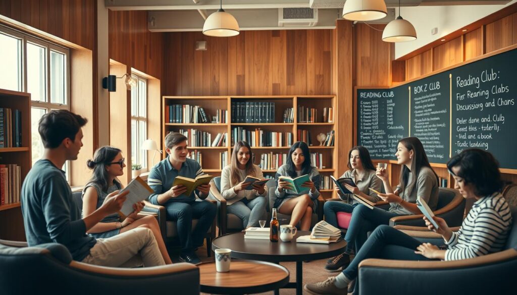 A cozy, well-lit library interior with a group of young adults engaged in a lively book discussion. Soft lighting filters through large windows, casting a warm glow on the wooden shelves and tables. In the foreground, a diverse group of Gen Z readers animatedly discuss the book in their hands, gesturing passionately. The middle ground features comfortable armchairs and coffee tables, where other club members sip drinks and flip through pages. In the background, a large chalkboard displays the club's reading list and discussion schedule. An atmosphere of intellectual curiosity and social connection pervades the scene.