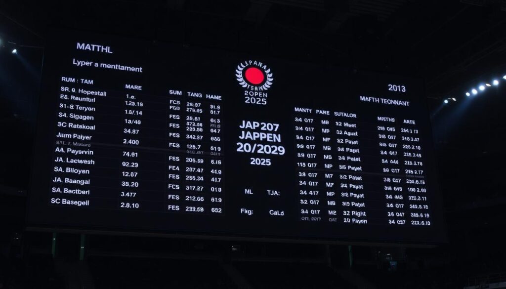 A detailed badminton tournament schedule displayed on a large digital scoreboard. The foreground shows the match information, including player names, scores, and event details in a clean, modern design. The middle ground features the tournament logo and branding, while the background showcases a dimly lit sports arena with spectator seating. Subtle lighting highlights the scoreboard, creating a professional, high-production atmosphere. The overall tone is one of anticipation and competitive spirit, reflecting the prestige of the Japan Open 2025 badminton tournament.
