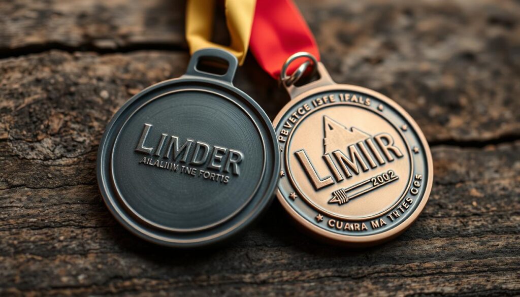 A detailed close-up view of two silver and bronze climbing medals resting on a textured wooden surface. The medals are positioned side by side, catching the warm, diffused light from an overhead source. The silver medal reflects a soft, muted shine, while the bronze medal has a richer, warmer tone. The surface beneath the medals has a weathered, rustic appearance, adding depth and visual interest to the composition. The overall mood is one of quiet pride and accomplishment, befitting the achievements represented by these hard-earned climbing medals.