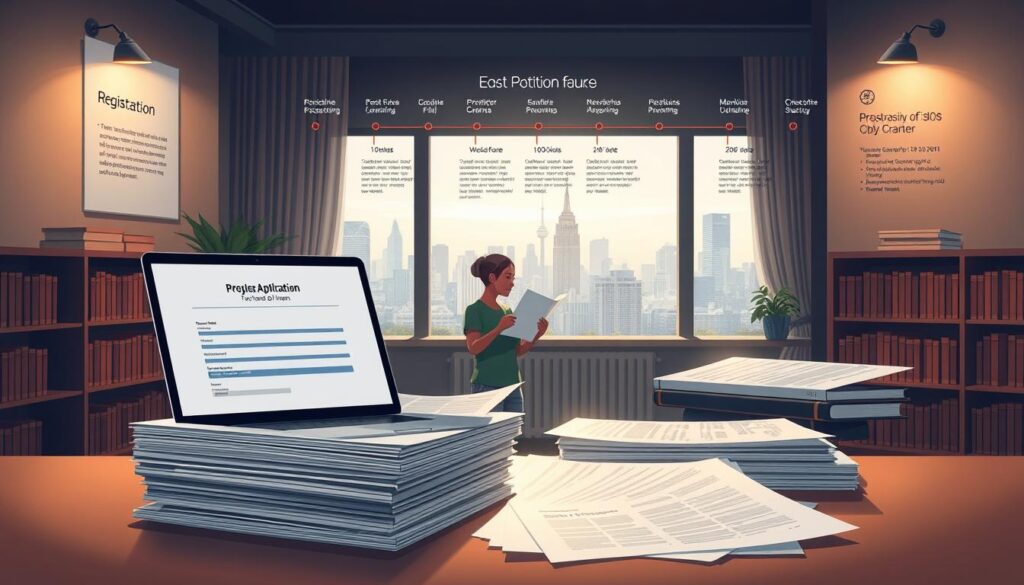 A detailed, elegant registration process for a prestigious scholarship program, captured in a realistic digital illustration. In the foreground, a neatly organized stack of application documents and a laptop displaying an online form. In the middle ground, a person carefully reviewing paperwork, surrounded by thoughtful design elements - a scholarly backdrop of bookshelves, a window overlooking a picturesque city skyline, and subtle lighting that creates a contemplative atmosphere. The background features a timeline of key deadlines and requirements, conveying the importance and structure of the application journey. Composition, lighting, and color palette evoke a sense of professionalism, opportunity, and academic excellence.
