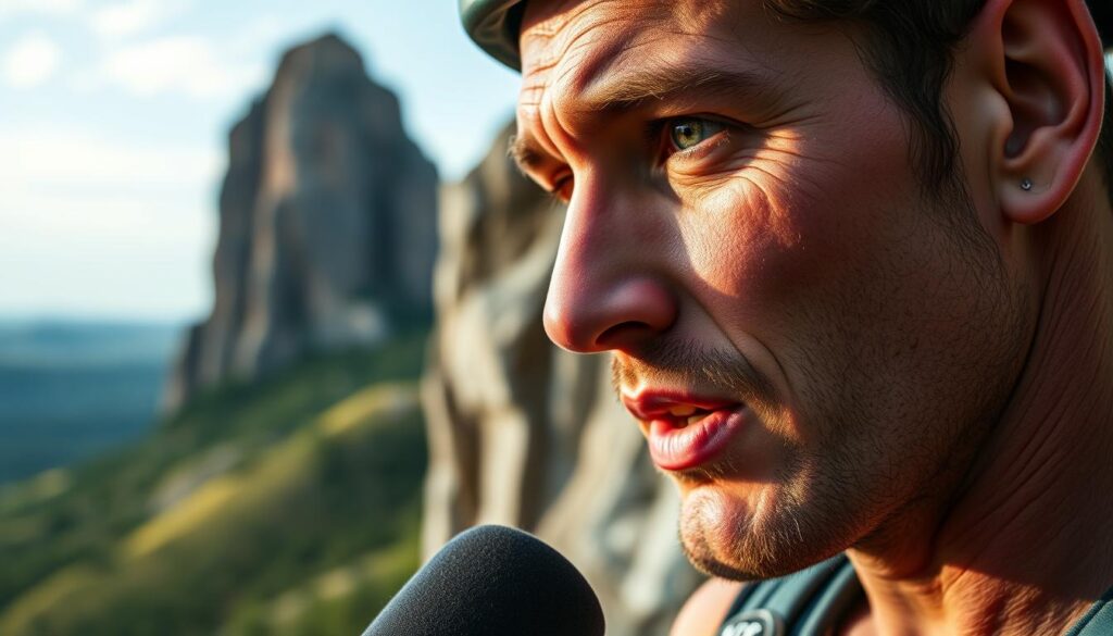 A dramatic closeup of a rock climber being interviewed outdoors, with a towering natural rock formation in the background. The athlete's face is illuminated by soft, natural lighting, conveying a sense of focus and determination. The camera angle is slightly elevated, capturing the athlete's powerful physique and the challenging environment they operate in. In the background, a blurred landscape of rolling hills and lush greenery sets the scene, hinting at the grand scale of the sport of rock climbing. The overall atmosphere is one of intensity, professionalism, and the awe-inspiring nature of the athlete's craft.
