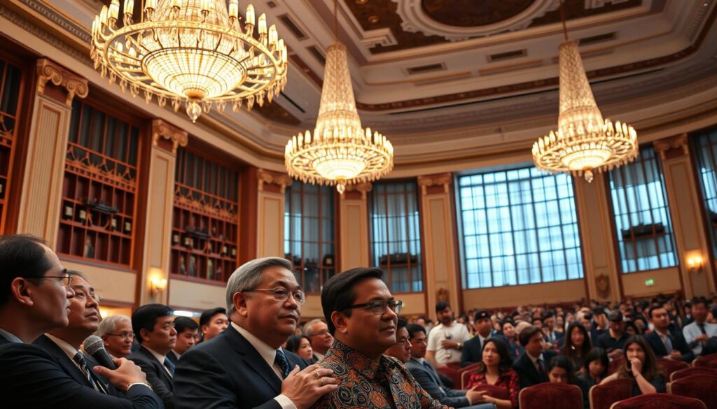 A grand conference hall with elegant chandeliers and ornate columns, capturing the formal atmosphere of the Kongres PSI. In the foreground, a group of distinguished politicians engaged in animated discussion, their expressions reflecting the dynamism of the political proceedings. In the middle ground, rows of audience members attentively observe the scene, their faces illuminated by the warm lighting. The background showcases the grandeur of the architecture, with high ceilings and large windows that allow natural light to flood the space, creating a sense of openness and transparency. The overall mood is one of high-stakes deliberation, underscoring the significance of the political dynamics unfolding within the Kongres PSI.