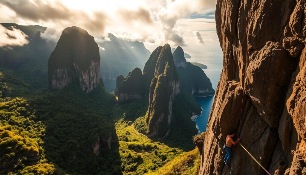 A majestic limestone cliff face rises from a lush, verdant landscape, casting dramatic shadows across the scene. Intrepid climbers scale the towering rock formations, their colorful harnesses and equipment creating a visually striking contrast against the natural backdrop. The warm, golden sunlight filters through wispy clouds, illuminating the intricate textures of the rock and accentuating the dynamic movements of the climbers. In the distance, a sprawling coastline and azure blue waters of the Balinese ocean complete the breathtaking vista. The atmosphere exudes a sense of adventure, challenge, and the pure, raw power of nature.