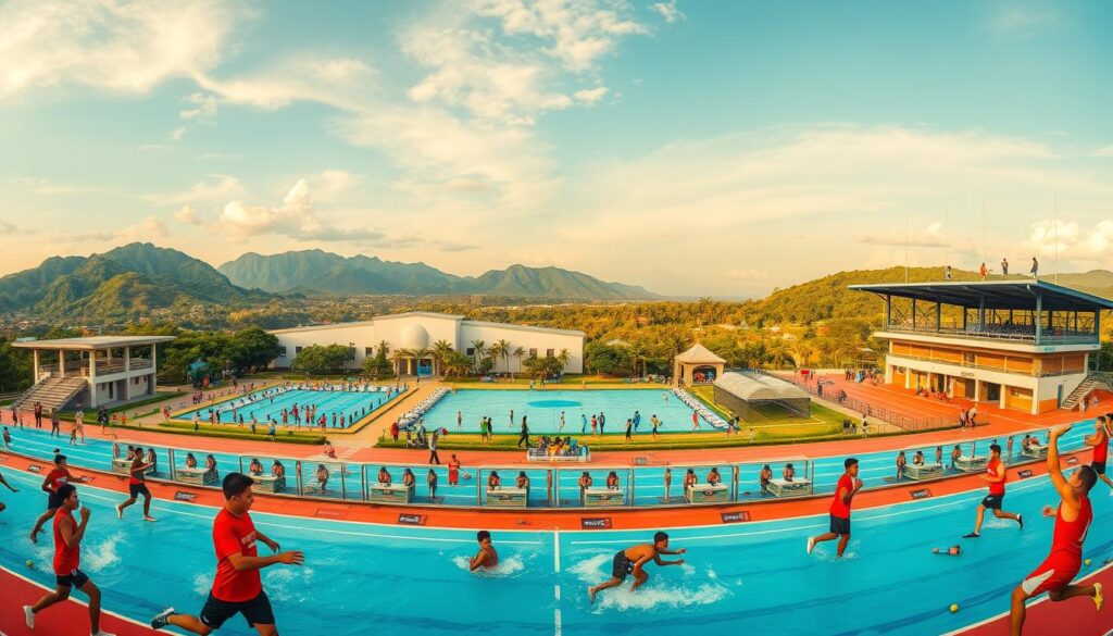 A panoramic view of Indonesia's premier sporting disciplines, captured in a vibrant and energetic scene. The foreground features athletes in motion, engaged in a variety of disciplines such as athletics, aquatics, and martial arts, showcasing the country's diverse athletic prowess. The middle ground presents state-of-the-art training facilities, with modern equipment and infrastructure, reflecting Indonesia's commitment to preparing its athletes for the upcoming SEA Games. In the background, a lush, verdant landscape with towering mountains and a serene body of water, symbolizing the natural beauty and rich cultural heritage of the nation. Warm, golden lighting bathes the scene, creating a sense of optimism and determination. Captured with a wide-angle lens to encompass the full grandeur of the setting, this image conveys the essence of Indonesia's athletic excellence and its readiness to shine on the regional stage.