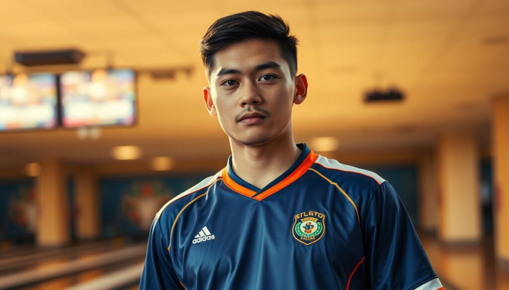 A portrait photograph of Tim Boling Junior, the star bowler of the DKI Jakarta bowling team. Boling stands tall and confident, dressed in his team's uniform, his eyes focused and determined. The image is shot with a high-quality DSLR camera, using a shallow depth of field to keep the subject in sharp focus while the background is softly blurred. Warm, natural lighting illuminates Boling's face, creating a sense of energy and dynamism. The composition places Boling slightly off-center, creating a sense of movement and balance. The overall mood is one of professionalism, athleticism, and pride, reflecting Boling's achievements and the team's success.