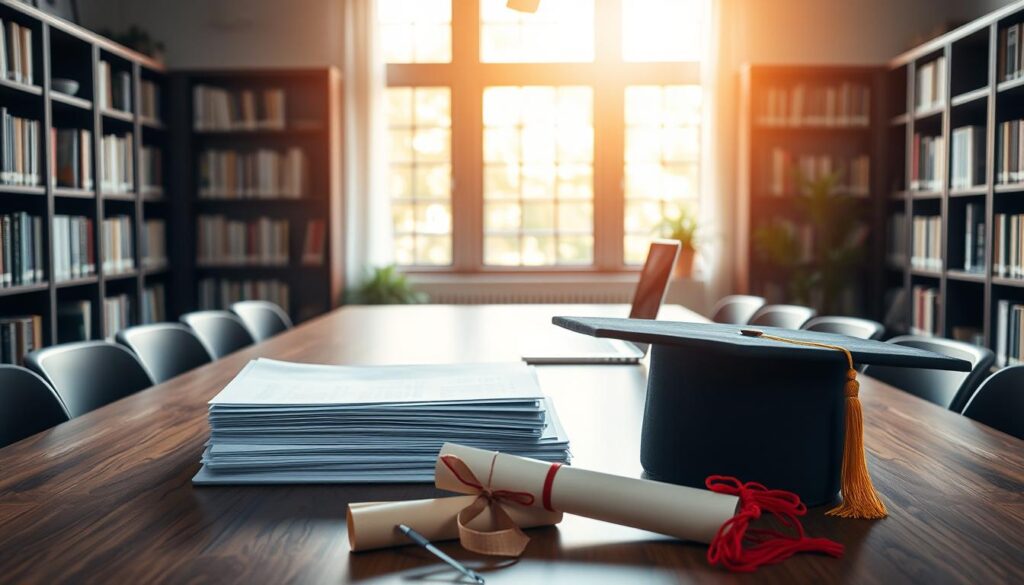 A serene academic setting, with a wide table at the center hosting a stack of documents, folders, and a laptop. In the foreground, a mortar board and diploma symbolize the educational focus. The background features bookshelves and a large window flooding the scene with warm, natural light. An air of professionalism and diligence pervades the space, reflecting the rigorous procedures involved in the geography scholarship application process. The overall composition conveys a sense of order, dedication, and the opportunity for intellectual growth and career advancement.