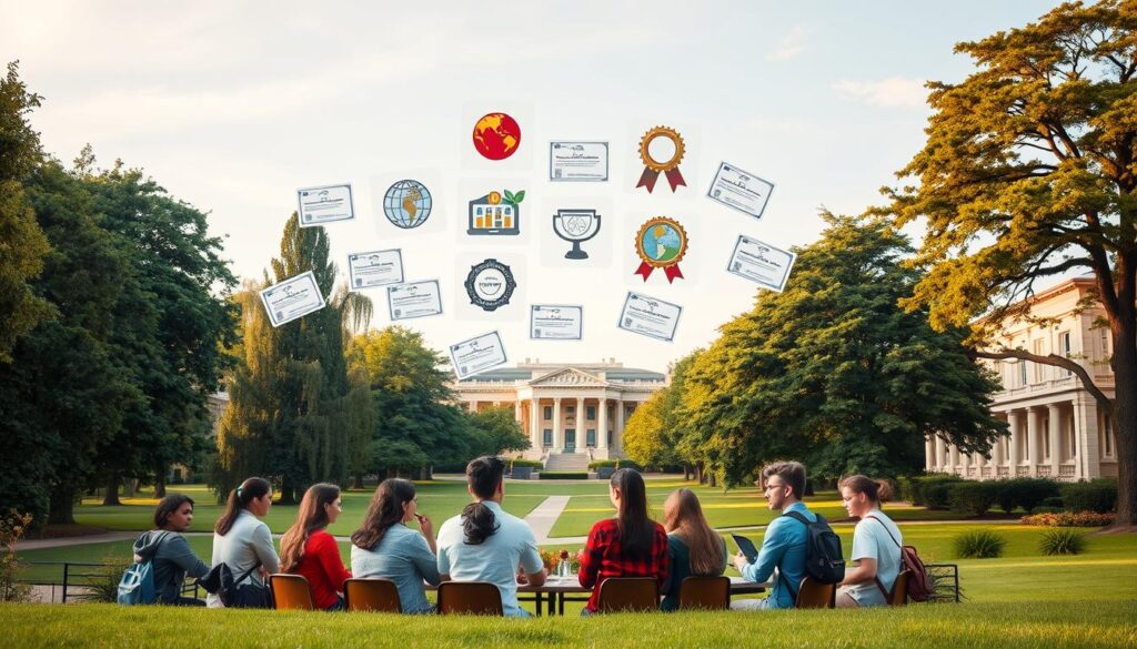 A serene landscape showcasing various types of scholarships in the field of geography. In the foreground, a group of diverse students gathers around a table, discussing scholarship opportunities with a professor. In the middle ground, an array of scholarship certificates and award icons floats in the air, representing the different programs available. In the background, a lush, verdant campus setting with towering trees and a picturesque university building, bathed in warm, golden light. The scene conveys an atmosphere of academic excellence, intellectual curiosity, and the promise of educational opportunities in the realm of geography.