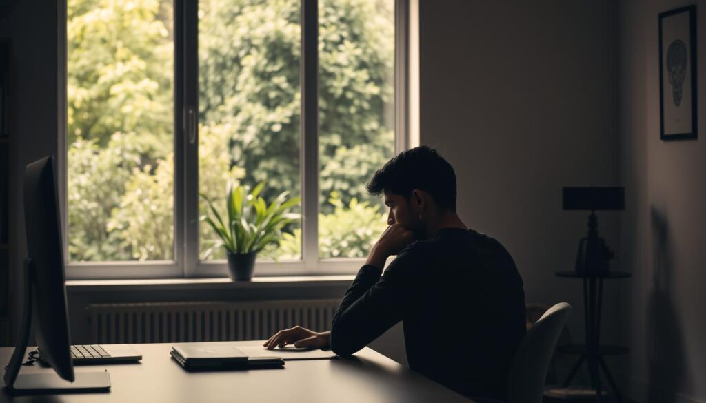 A serene office setting with a person sitting at a desk, deep in contemplation. The lighting is soft and warm, creating a pensive atmosphere. The figure's body language reflects the challenges of emotional intelligence, with a furrowed brow and a pensive gaze. In the background, a window overlooking a lush, verdant garden symbolizes the growth and self-reflection inherent in this journey. The room is minimalist, allowing the subject's introspective state to take center stage. Subtle textures and muted tones add depth and nuance to the scene, capturing the complexities of emotional awareness.