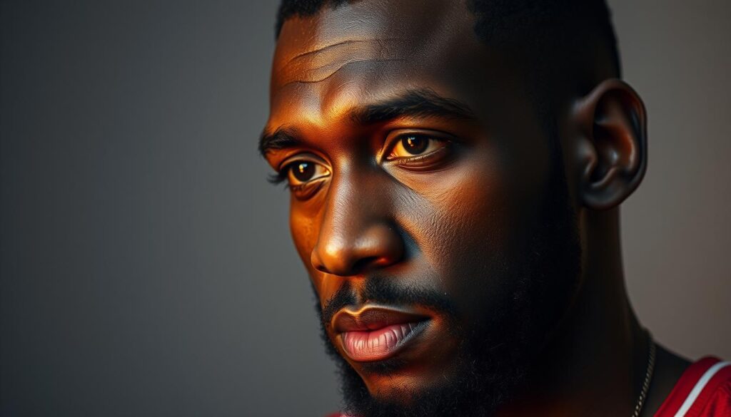 A serene portrait of NBA legend Chris Paul, pensively reflecting on his illustrious career. Against a muted backdrop, Paul's face is illuminated by warm, soft lighting, capturing the pensive, introspective mood of his retirement decision. The image conveys a sense of contemplation and closure, with Paul's gaze turned inward, as if weighing the factors that led him to this pivotal moment. The composition emphasizes the player's stoic demeanor, allowing the viewer to imagine the weight of his choice and the personal reasons behind it.