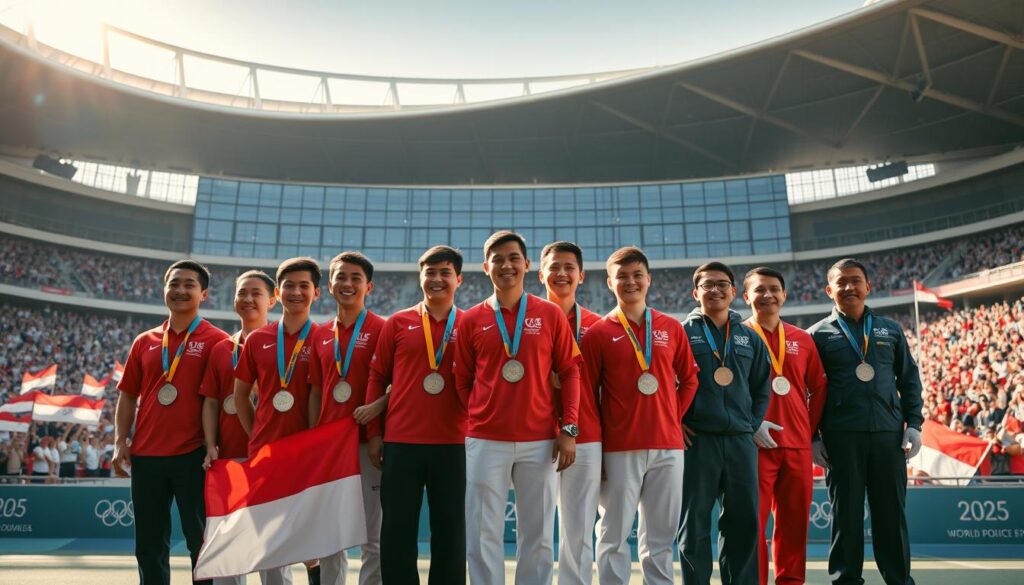 A stunning wide-angle shot of the triumphant Indonesian delegation at the 2025 World Police and Fire Games, captured against the backdrop of a grand, modern stadium. The athletes, adorned in their nation's vibrant colors, stand tall and proud, their medals glinting in the warm, sun-dappled lighting. In the foreground, a tight cluster of determined, smiling faces convey the thrill of victory, while the middle ground showcases a sea of enthusiastic spectators waving flags and cheering. The background features the sleek, state-of-the-art architecture of the venue, creating a sense of grandeur and global significance. The scene evokes a powerful atmosphere of national pride, athletic excellence, and the celebratory spirit of the World Police and Fire Games.