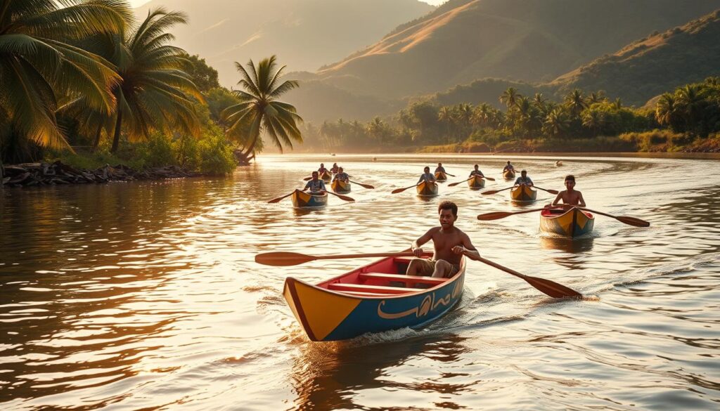 A tranquil scene of a traditional Indonesian pacu jalur, or river canoe racing, unfolding on a gently flowing river. The vibrant, hand-painted wooden canoes glide across the water, their bold colors and intricate designs reflecting in the shimmering surface. In the foreground, a lone racer skillfully navigates their vessel, their focused expression and powerful strokes conveying the thrill of the competition. The surrounding landscape is lush and verdant, with swaying palm trees and verdant hills in the distance, creating a serene and immersive atmosphere. Warm, golden sunlight filters through the scene, casting a soft, natural glow and highlighting the graceful movements of the racers. The overall mood is one of tranquility, tradition, and the captivating energy of this beloved cultural event.