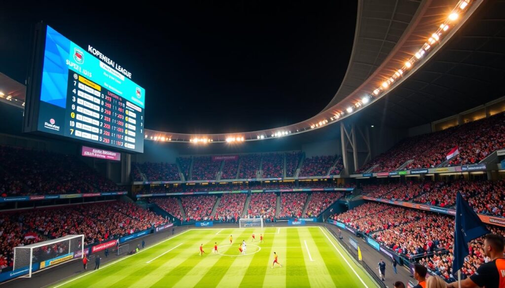 A vibrant and dynamic sports stadium, filled with the energy and excitement of the Indonesian Super League. In the foreground, a large scoreboard displays the latest match scores and standings, backlit by the glow of digital displays. The middle ground features the pitch, where two teams in brightly colored jerseys compete, their movements captured in a blur of motion. In the background, rows of tiered seating are packed with enthusiastic fans, waving flags and banners to cheer on their favorite clubs. The scene is illuminated by a warm, golden lighting, creating a sense of atmosphere and anticipation. The overall composition conveys the thrill and spectacle of this premier Indonesian football event.