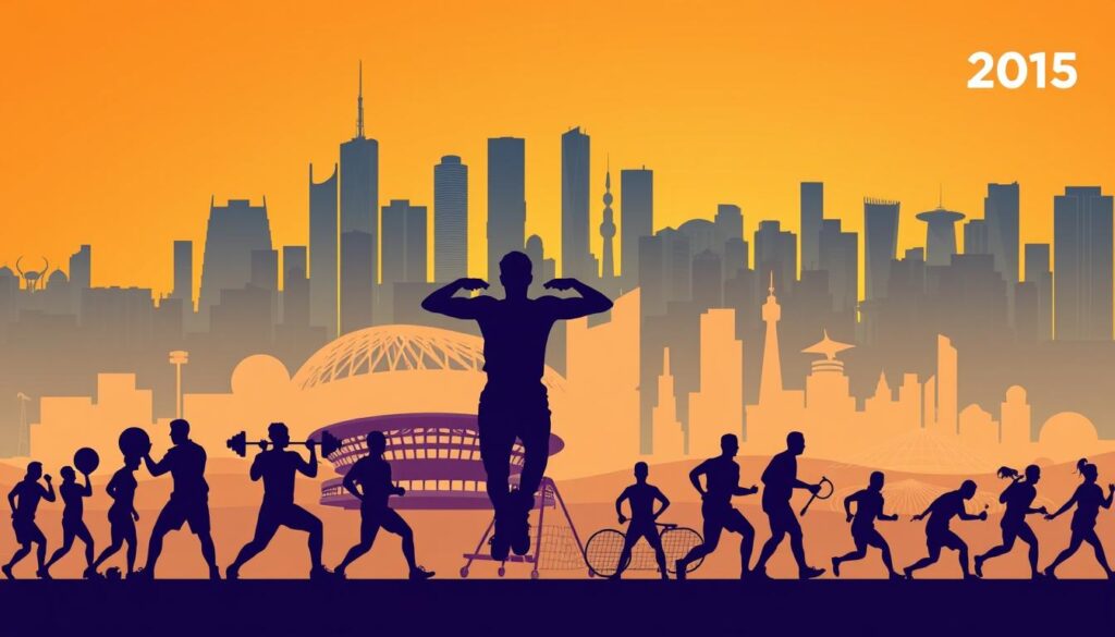 A vibrant collage of sports icons representing the diverse disciplines of the World Police and Fire Games 2025, set against a backdrop of a sleek, modern cityscape. In the foreground, dynamic silhouettes of athletes engaged in a variety of activities, such as weightlifting, martial arts, and swimming, capturing the spirit of the international competition. The middle ground features minimalist outlines of stadiums, tracks, and courts, hinting at the venues where these events will take place. In the distance, a skyline of towering skyscrapers and landmarks, suggesting the urban setting of the games in Indonesia. Warm, saturated lighting casts a sense of energy and anticipation, conveying the excitement of the upcoming WPFG 2025 event.