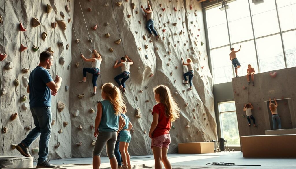 A vibrant scene of young climbers in training, their nimble bodies scaling a massive indoor rock wall. Soft natural lighting filters through large windows, casting a warm glow over the chalk-dusted hands and determined expressions. In the foreground, a coach guides a small group, offering encouragement and technical advice. The middle ground features more experienced climbers navigating intricate routes, their muscles rippling with each dynamic move. In the background, younger children practice their technique on smaller bouldering walls, laying the foundation for future success. An atmosphere of focused determination and the thrill of progress permeates the space, capturing the essence of early-age talent development.