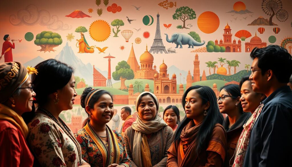 A vibrant scene showcasing the diversity of emotional intelligence across cultures. In the foreground, a group of individuals from various backgrounds engage in meaningful dialogue, their expressions and body language reflecting a deep understanding of one another's perspectives. The middle ground features symbolic representations of different cultural traditions and practices, each with its unique approach to emotional awareness and expression. In the background, a tapestry of natural landscapes and architectural elements creates a visually striking and harmonious backdrop, suggesting the interplay between individual, cultural, and environmental factors that shape emotional intelligence. Warm, soft lighting casts a contemplative, introspective mood, inviting the viewer to immerse themselves in the nuances of this cross-cultural exploration.