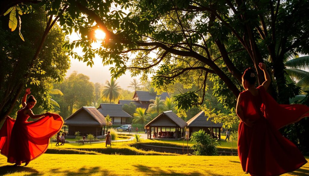 A vibrant, traditional Indonesian dance performance set against a lush, verdant backdrop. In the foreground, graceful performers execute the signature moves of "aura farming gerakan khas," their flowing costumes and intricate hand gestures commanding attention. The middle ground features a serene village scene, with thatched-roof huts and local inhabitants going about their daily lives. Warm, golden sunlight filters through the canopy of tropical foliage, casting a tranquil, celebratory mood. The overall composition conveys a sense of harmony between timeless cultural traditions and the natural world, reflecting the title "Budaya Indonesia Lewat Aura Farming Melejit: Inovasi Tradisional yang Viral."