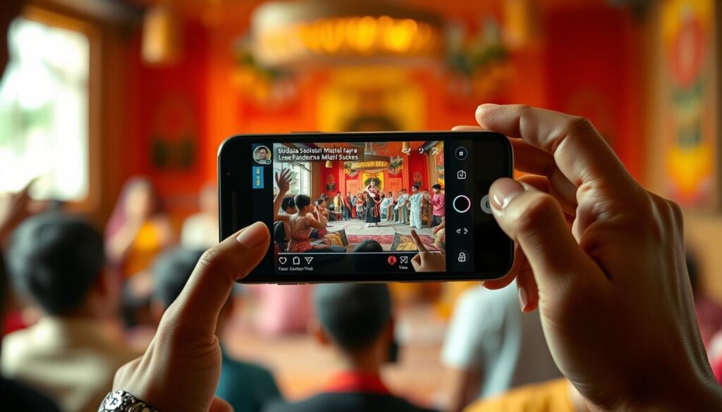 A vibrant, visually engaging scene of "video viral media sosial" that captures the essence of the "Peran Media Sosial dalam Mempopulerkan Tradisi" section of the article "Budaya Indonesia Lewat Aura Farming Melejit Sukses." The foreground features a smartphone screen displaying a popular social media video showcasing a traditional Indonesian cultural performance, with viewers' hands and faces visible, conveying a sense of excitement and engagement. The middle ground depicts a lively social media platform interface, complete with sharing buttons, comment sections, and trending hashtags. The background showcases a warm, earthy-toned setting that evokes the rich cultural heritage of Indonesia, perhaps with subtle nods to Aura Farming or other traditional practices. The lighting is soft and natural, creating a welcoming and immersive atmosphere. The overall composition and attention to detail should inspire a sense of the powerful role social media plays in sharing and celebrating Indonesia's vibrant cultural