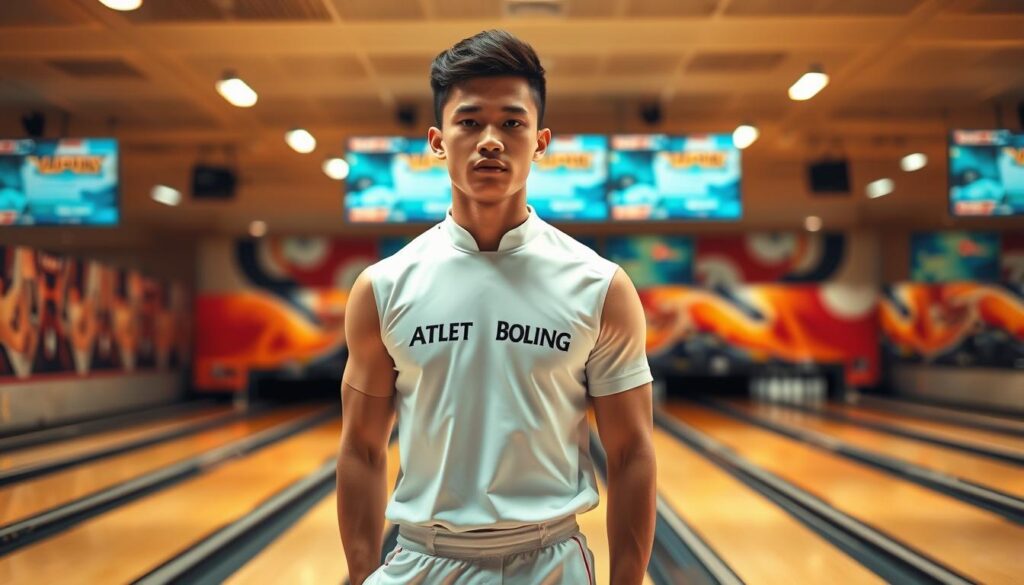 A young, athletic man with a muscular build and a determined expression stands in the center of the frame, wearing a crisp white bowling uniform with the name "Atlet Boling Junior" prominently displayed. The lighting is warm and natural, highlighting the subtle details of his uniform and the defined contours of his physique. In the background, a sleek and modern bowling alley can be seen, with gleaming lanes and vibrant colors that create a sense of energy and excitement. The overall composition conveys a sense of professionalism and dedication, perfectly capturing the essence of a skilled bowler competing in the Piala Gubernur Jakarta Bowling tournament.