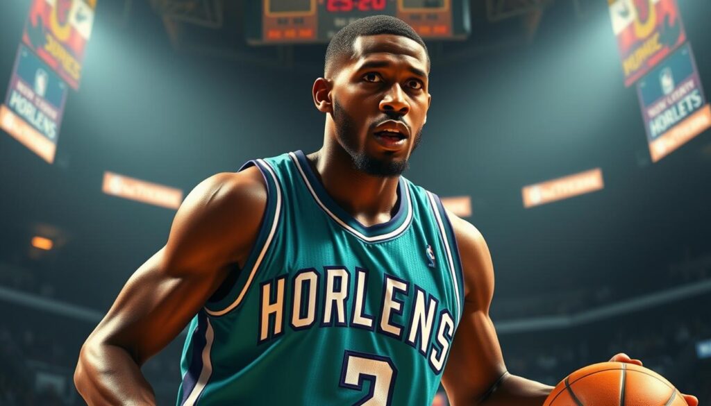 Chris Paul in his prime, wearing the iconic teal and purple jersey of the New Orleans Hornets, capturing a moment of his exceptional playmaking skills and leadership on the court. The scene is rendered in a realistic, high-resolution style, with dynamic lighting that highlights the player's intense focus and determination. The camera angle is positioned low, emphasizing the towering presence of the star point guard as he orchestrates the offense, his passing lanes and ball-handling prowess on full display. The background is a blurred, atmospheric representation of the Hornets' home arena, with the energy of the crowd palpable in the air.