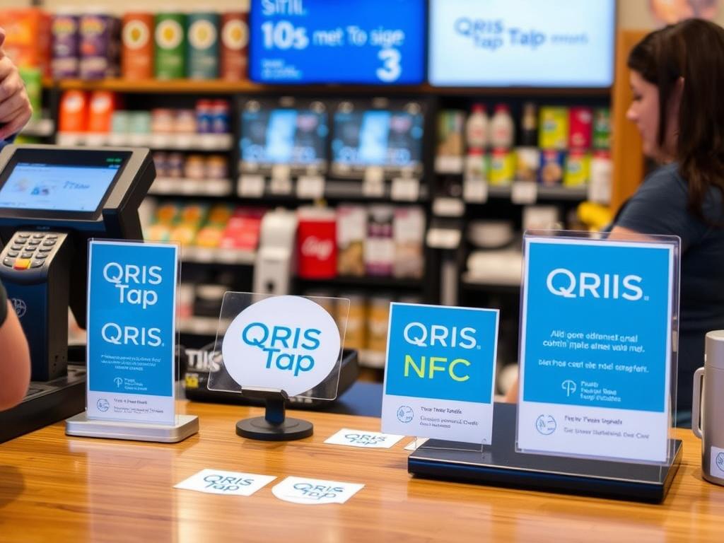 Contoh stiker QRIS Tap yang dipasang di area kasir toko retail