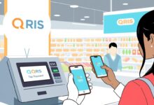 Ilustrasi QRIS Tap yang digunakan di toko retail dengan pelanggan mendekatkan ponsel ke mesin EDC