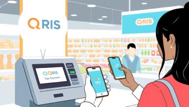 Ilustrasi QRIS Tap yang digunakan di toko retail dengan pelanggan mendekatkan ponsel ke mesin EDC