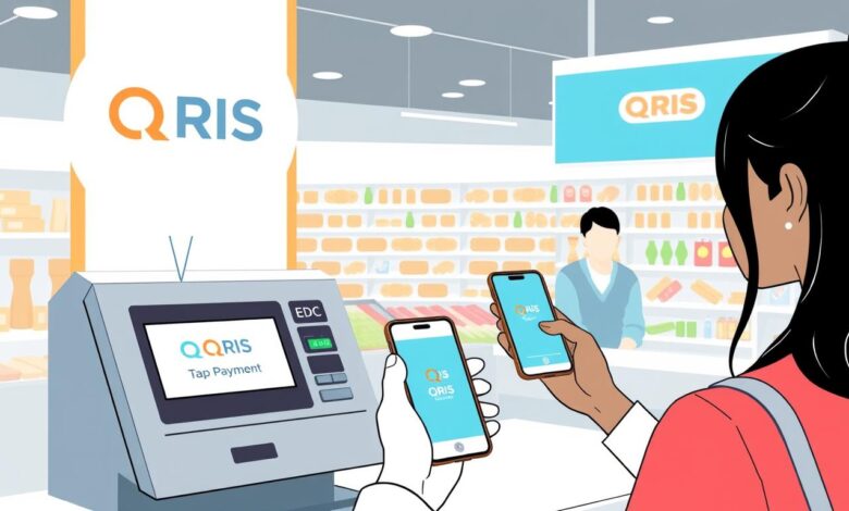 Ilustrasi QRIS Tap yang digunakan di toko retail dengan pelanggan mendekatkan ponsel ke mesin EDC