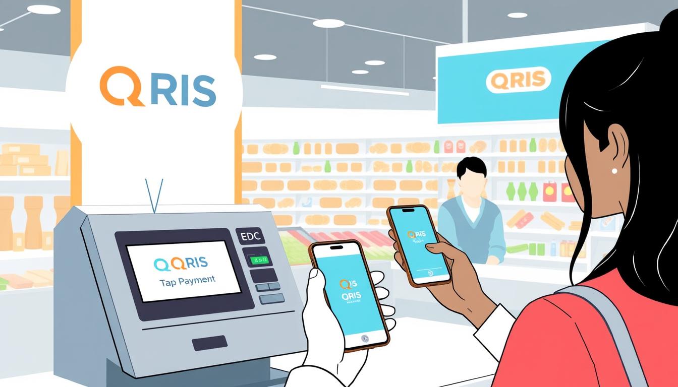Ilustrasi QRIS Tap yang digunakan di toko retail dengan pelanggan mendekatkan ponsel ke mesin EDC