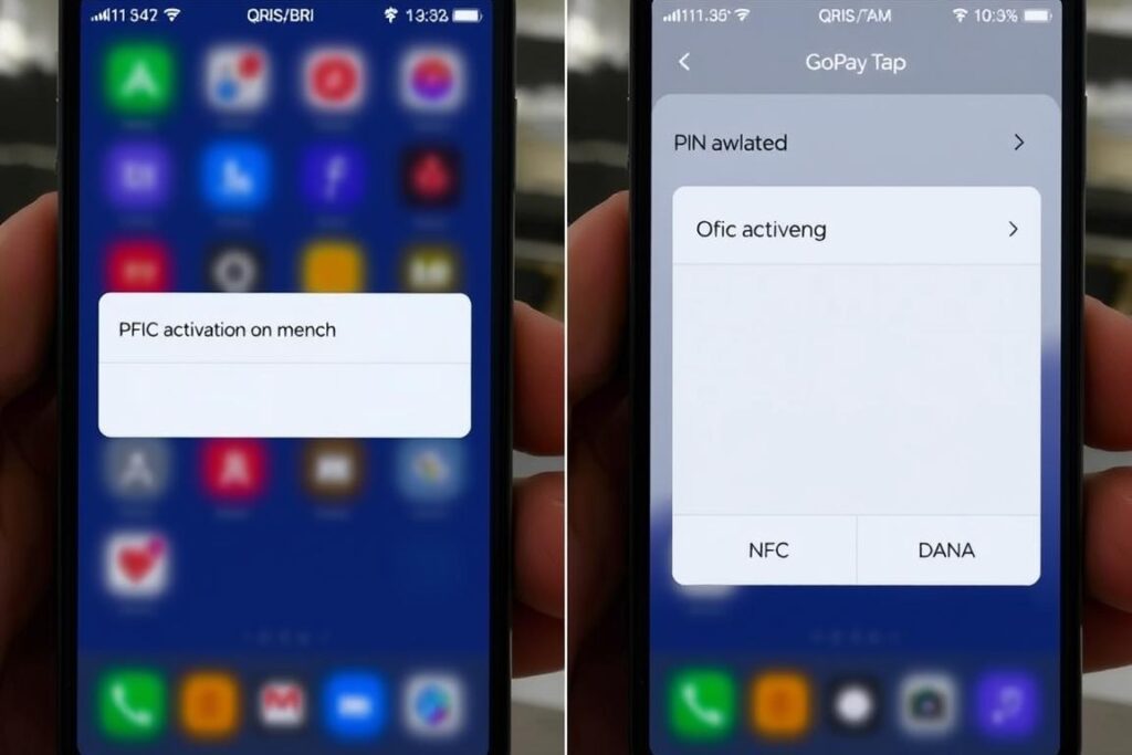 Tampilan aplikasi mobile banking dan e-wallet saat menggunakan fitur QRIS Tap