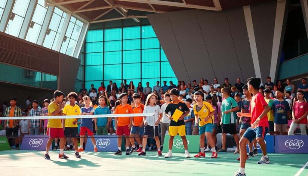 Vibrant badminton court, bathed in warm natural light, showcasing an international gathering of junior players engaged in spirited competition. The foreground features a diverse group of athletes from various nationalities, their brightly colored uniforms and gear creating a dynamic and inclusive atmosphere. In the middle ground, spectators watch intently, their expressions reflecting the excitement and camaraderie of the event. The background depicts a modern sports venue with sleek architectural elements, underscoring the global significance of this prestigious junior badminton tournament.
