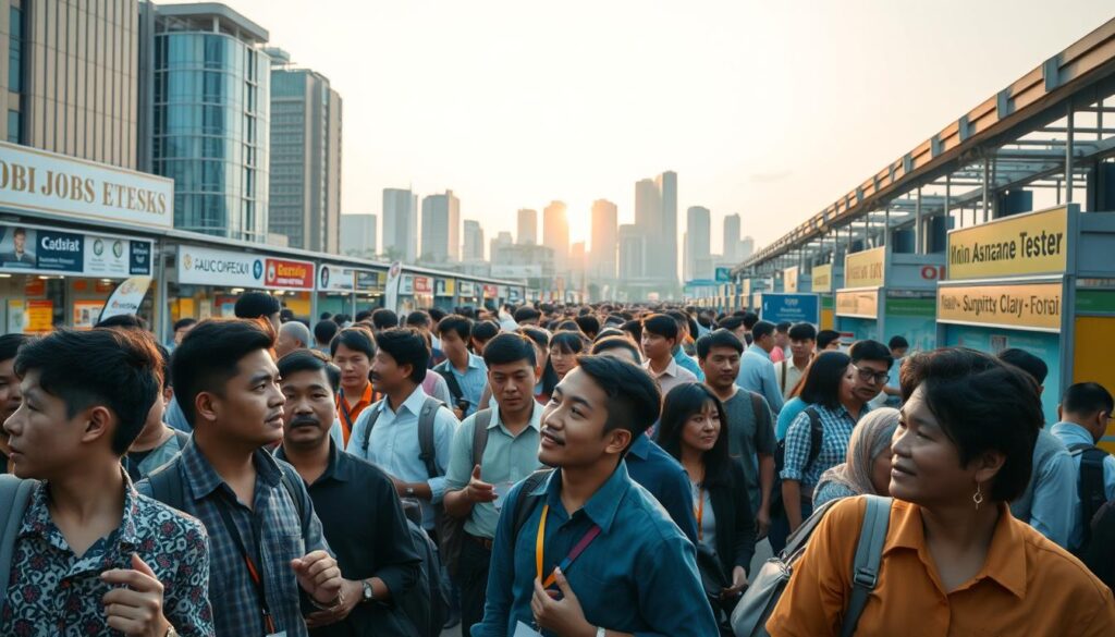 A bustling job market scene, captured with a wide-angle lens. In the foreground, a diverse group of job seekers engage in animated discussions, their expressions conveying both anticipation and determination. The middle ground showcases a dynamic array of job postings and recruitment booths, each vying for the attention of the prospective candidates. In the background, a skyline of modern office buildings sets the urban backdrop, bathed in the warm glow of a sunset. The lighting is soft and diffused, creating a sense of optimism and opportunity. This image encapsulates the current trends and dynamics of the Indonesian job market, where quality assurance testers seek to find their next professional challenge.