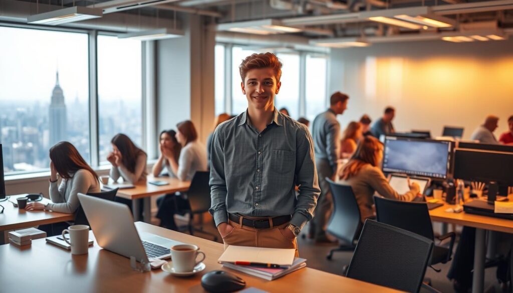A bustling office setting, with a young professional standing at the center, surrounded by a flurry of activity. The lighting is warm and natural, casting a soft glow on the scene. In the foreground, a desk is neatly organized, with a laptop, a cup of coffee, and a few carefully placed office supplies. In the middle ground, colleagues are engaged in discussions, some gesturing animatedly, others hunched over their workstations. The background features a panoramic view of the city skyline, hinting at the broader context of the internship experience. The overall atmosphere conveys a sense of focus, productivity, and the potential for growth and success.