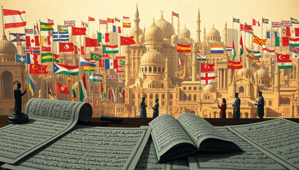 A comparative illustration of Jarimah Ta'zir laws across various nations, captured with a wide-angle lens from an elevated perspective. In the foreground, intricate legal documents and symbols representing different judicial systems. The middle ground depicts stylized figures in traditional garments, engaged in animated discussions. In the background, a mosaic of national flags and architectural landmarks, creating a sense of cultural diversity. Warm, earthy tones and soft, diffused lighting convey an atmosphere of scholarly contemplation and intellectual exchange.
