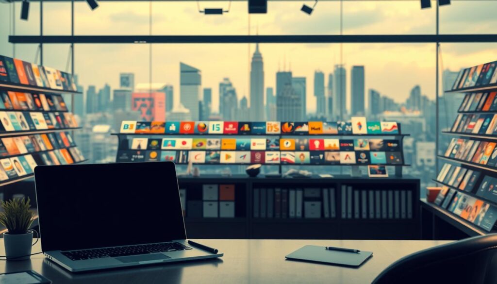 A digital marketplace bustling with creativity, showcasing a vibrant array of graphic design assets. In the foreground, a designer's desk features a sleek laptop, a stylus, and a tablet, the tools of their trade. Behind it, rows of digital product thumbnails line the shelves, each a unique design waiting to be discovered and purchased. Soft, warm lighting illuminates the scene, casting a professional, yet inviting atmosphere. In the background, a cityscape of skyscrapers and tech hubs suggests the global reach of this online design marketplace, where creators can effortlessly share their work and earn passive income.
