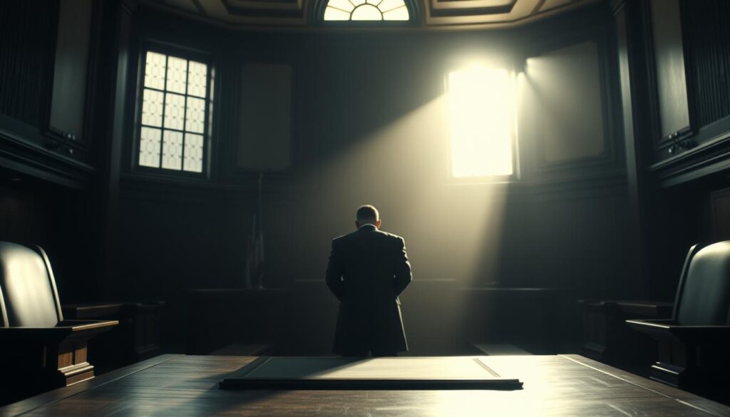 A dimly lit courtroom scene, with a judge's bench in the foreground, casting a stern, authoritative presence. In the middle ground, a defendant stands before the judge, their head bowed, the weight of their actions palpable. The background is hazy, conveying the gravity and solemnity of the proceedings. Soft, natural lighting filters in from a high window, adding depth and a sense of contemplation. The atmosphere is one of thoughtful deliberation, where the nuances of "Jarimah Ta'zir" and its significance are weighed with careful consideration.