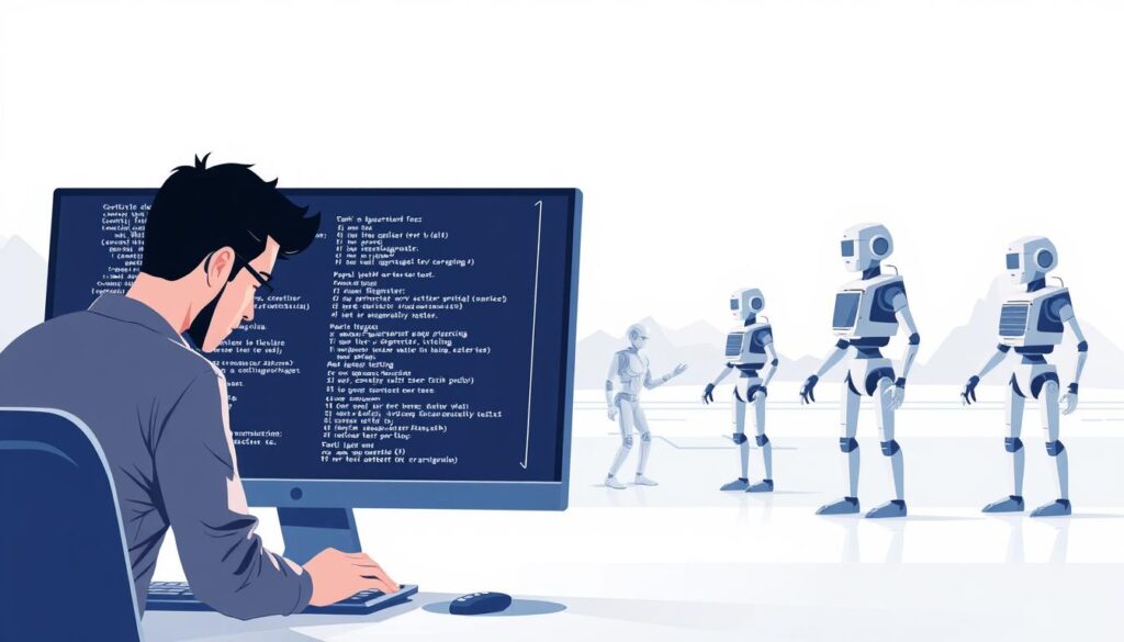 A modern and minimalist illustration depicting the contrast between manual testing and automated testing. In the foreground, a programmer is carefully inspecting lines of code on a sleek computer screen, representing the meticulous process of manual software testing. In the middle ground, automated testing is symbolized by a series of robot-like figures meticulously executing test cases, their movements precise and efficient. The background features a clean, geometric landscape with hints of technology, conveying the evolving nature of software quality assurance. The lighting is soft and diffused, creating a contemplative atmosphere that invites the viewer to consider the transition from manual to automated testing. The overall composition strikes a balance between the human element of manual testing and the technological advancements of automation.