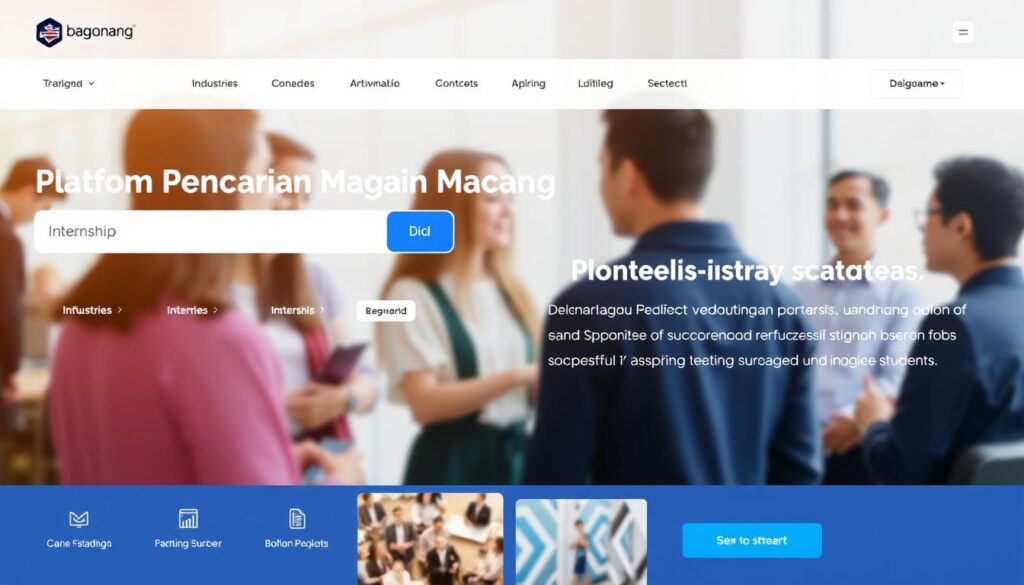 A sleek, modern website interface showcasing a platform for internship search, "Platform Pencarian Magang". The foreground features a clean, minimalist design with a prominent search bar, intuitive navigation, and eye-catching icons representing various industries and job categories. The middle ground displays a curated selection of featured internship opportunities, each with a brief description and a call-to-action button. In the background, a subtle, blurred image of young professionals networking or collaborating in a professional setting, conveying the importance of gaining real-world experience through internships. The overall atmosphere is one of efficiency, opportunity, and the promise of a successful career trajectory for aspiring students.