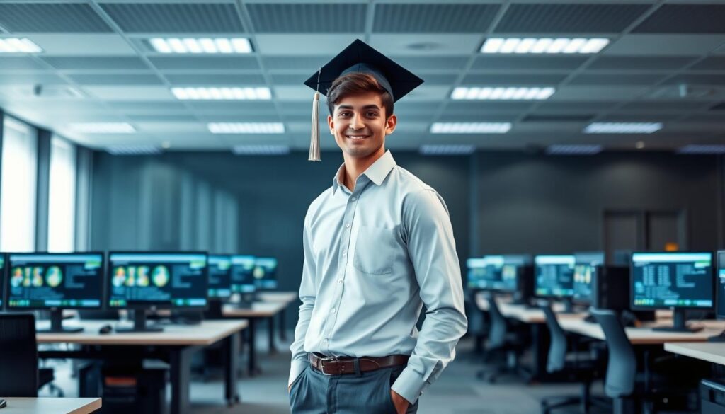 A well-educated young professional in a collared shirt and slacks, confidently standing in a sleek, modern computer lab filled with state-of-the-art workstations and equipment. Soft, even lighting illuminates the scene, highlighting the subject's proud expression and the high-tech environment around them. The background is slightly blurred, drawing the viewer's attention to the graduate, who represents the pinnacle of computer systems education and the promising career paths available to those who have mastered this field.