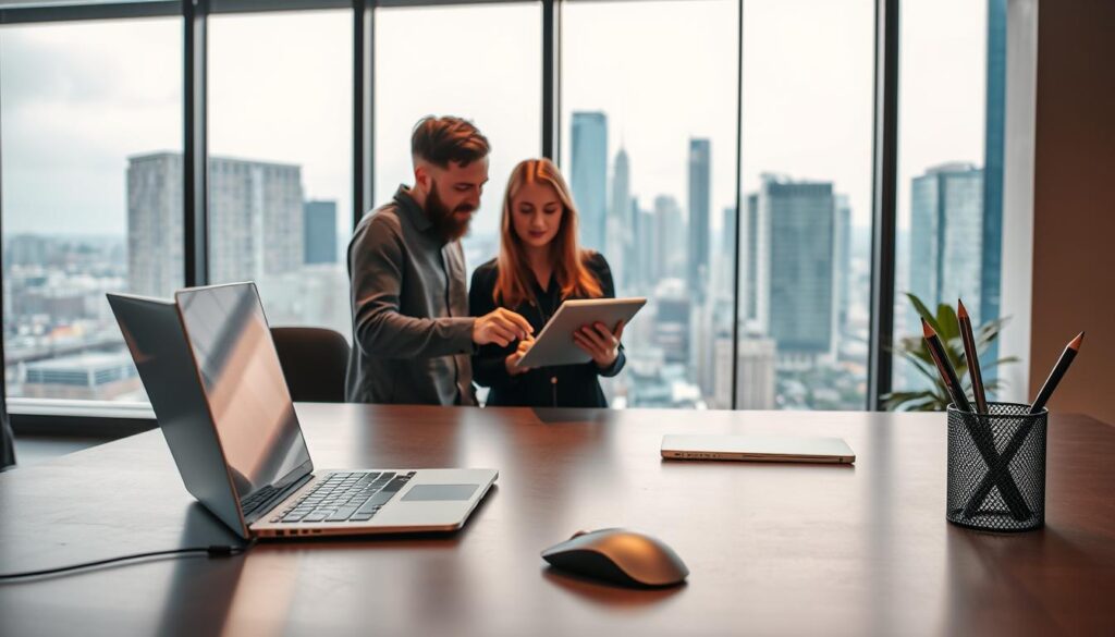Prompt A professional graphic design studio with a minimalist and modern aesthetic. The foreground features a desk with a laptop, mouse, and a pen holder in sleek metallic tones. The middle ground showcases two designers collaborating on a digital tablet, their expressions focused and engaged. The background has a large window overlooking a bustling city skyline, with warm lighting casting a serene atmosphere. The overall scene conveys the importance of client communication, pricing strategies, and building long-term relationships in the graphic design industry.